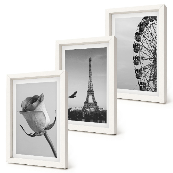 Tríptico com moldura Torre Eiffel e roda-gigante em tons de rosa, em monocromático.