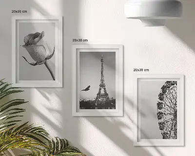 Tríptico com moldura torre Eiffel e roda-gigante em tons de rosa com efeito monocromático