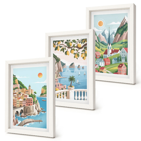 Conjunto de molduras com imagens Paisagens pitorescas com mar e frutas cítricas