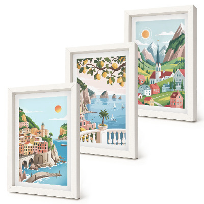 Conjunto de molduras com imagens Paisagens pitorescas com mar e frutas cítricas