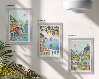Conjunto de molduras com imagens Paisagens pitorescas com mar e frutas cítricas