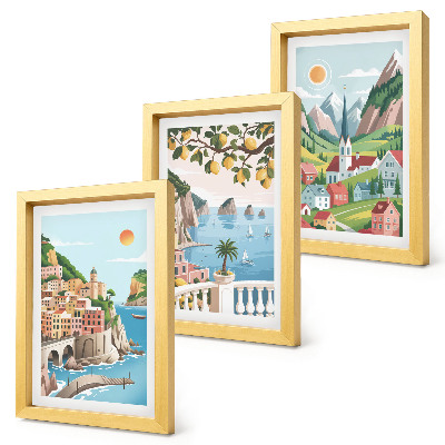 Conjunto de molduras com imagens Paisagens pitorescas com mar e frutas cítricas