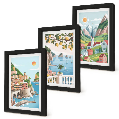 Conjunto de molduras com imagens Paisagens pitorescas com mar e frutas cítricas
