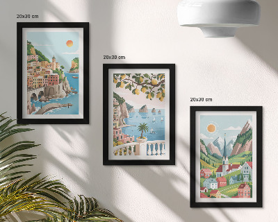 Conjunto de molduras com imagens Paisagens pitorescas com mar e frutas cítricas