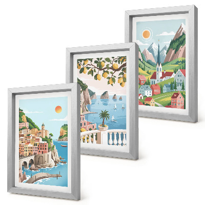 Conjunto de molduras com imagens Paisagens pitorescas com mar e frutas cítricas