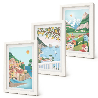 Tríptico com moldura Vista para o mar com casas em tons pastel