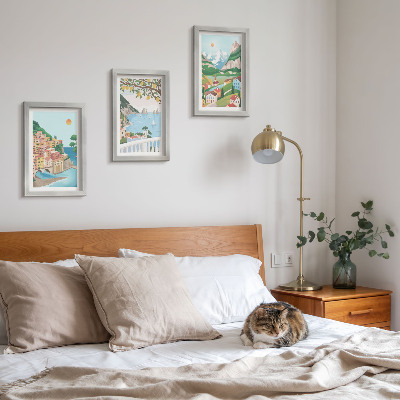 Tríptico com moldura Vista para o mar com casas em tons pastel