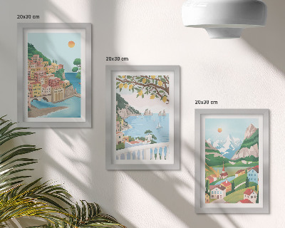 Tríptico com moldura Vista para o mar com casas em tons pastel