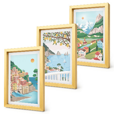 Tríptico com moldura Vista para o mar com casas em tons pastel