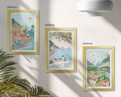 Tríptico com moldura Vista para o mar com casas em tons pastel