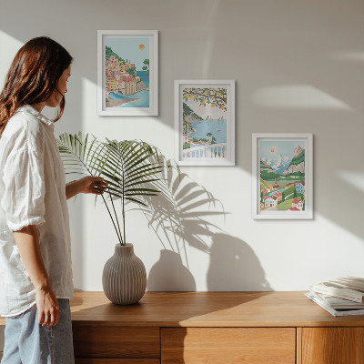 Tríptico com moldura Vista para o mar com casas em tons pastel