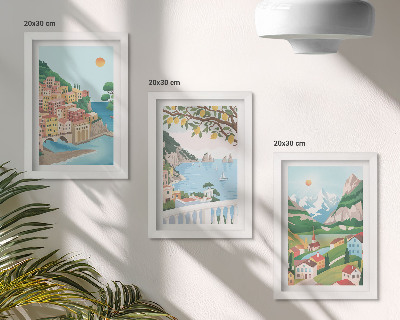 Tríptico com moldura Vista para o mar com casas em tons pastel
