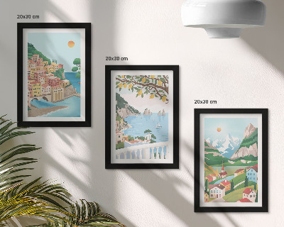 Tríptico com moldura Vista para o mar com casas em tons pastel
