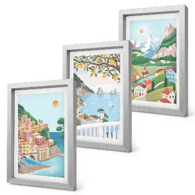 Tríptico com moldura Vista para o mar com casas em tons pastel