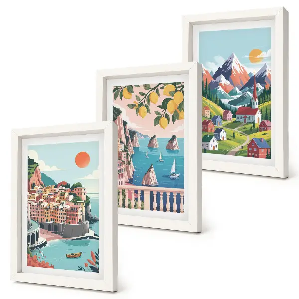 Conjunto de 3 quadros decorativos com paisagens montanhosas coloridas e cidades litorâneas