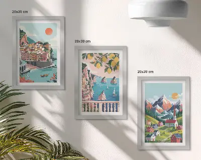 Conjunto de 3 quadros decorativos com paisagens montanhosas coloridas e cidades litorâneas