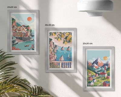 Conjunto de 3 quadros decorativos Paisagens montanhosas coloridas e cidades litorâneas