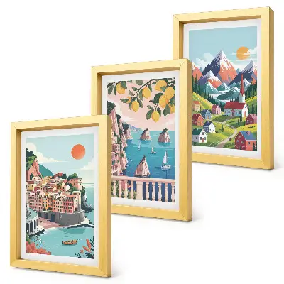 Conjunto de 3 quadros decorativos com paisagens montanhosas coloridas e cidades litorâneas