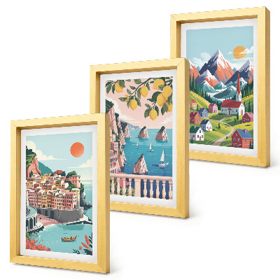 Conjunto de 3 quadros decorativos Paisagens montanhosas coloridas e cidades litorâneas