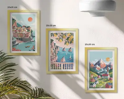 Conjunto de 3 quadros decorativos com paisagens montanhosas coloridas e cidades litorâneas