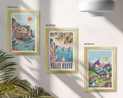 Conjunto de 3 quadros decorativos Paisagens montanhosas coloridas e cidades litorâneas