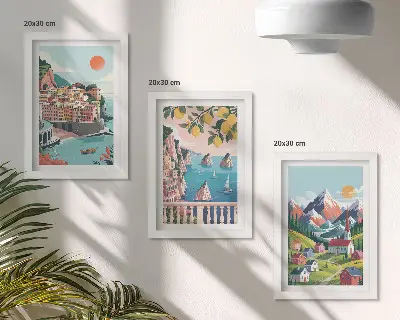 Conjunto de 3 quadros decorativos com paisagens montanhosas coloridas e cidades litorâneas