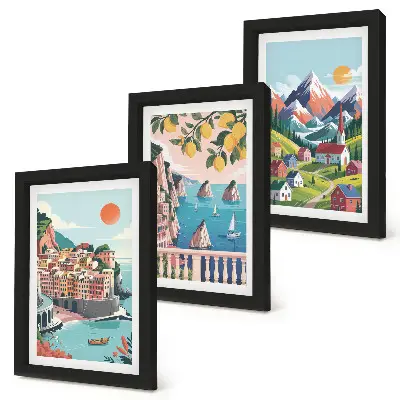 Conjunto de 3 quadros decorativos com paisagens montanhosas coloridas e cidades litorâneas