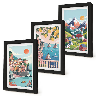Conjunto de 3 quadros decorativos Paisagens montanhosas coloridas e cidades litorâneas