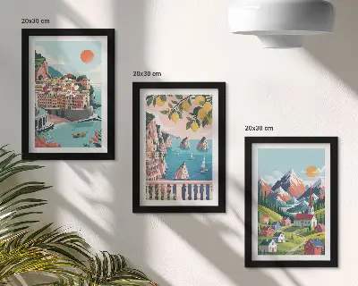 Conjunto de 3 quadros decorativos com paisagens montanhosas coloridas e cidades litorâneas