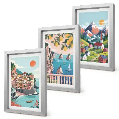 Conjunto de 3 quadros decorativos com paisagens montanhosas coloridas e cidades litorâneas