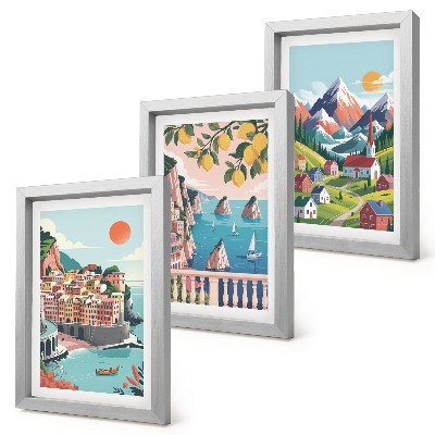 Conjunto de 3 quadros decorativos Paisagens montanhosas coloridas e cidades litorâneas