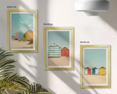 Conjunto de quadros com imagens casas de praia coloridas num dia ensolarado