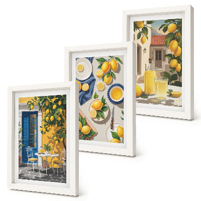 Conjunto de 3 quadros decorativos Jardim de limões com limões e bebidas na mesa