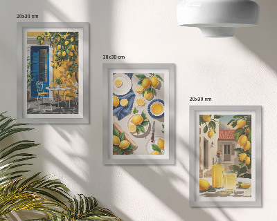 Conjunto de 3 quadros decorativos Jardim de limões com limões e bebidas na mesa
