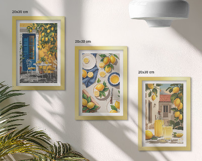 Conjunto de 3 quadros decorativos Jardim de limões com limões e bebidas na mesa