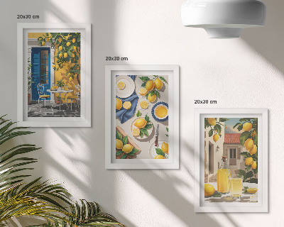 Conjunto de 3 quadros decorativos Jardim de limões com limões e bebidas na mesa