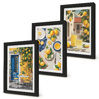Conjunto de 3 quadros decorativos Jardim de limões com limões e bebidas na mesa