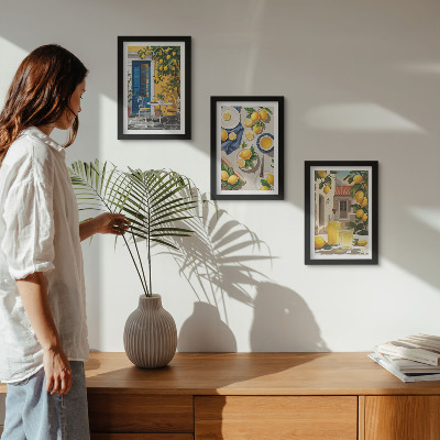 Conjunto de 3 quadros decorativos Jardim de limões com limões e bebidas na mesa