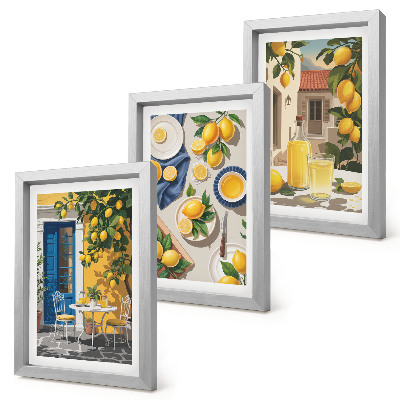 Conjunto de 3 quadros decorativos Jardim de limões com limões e bebidas na mesa