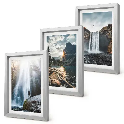 Conjunto de molduras com imagens retratando cachoeiras nas montanhas com belas paisagens naturais