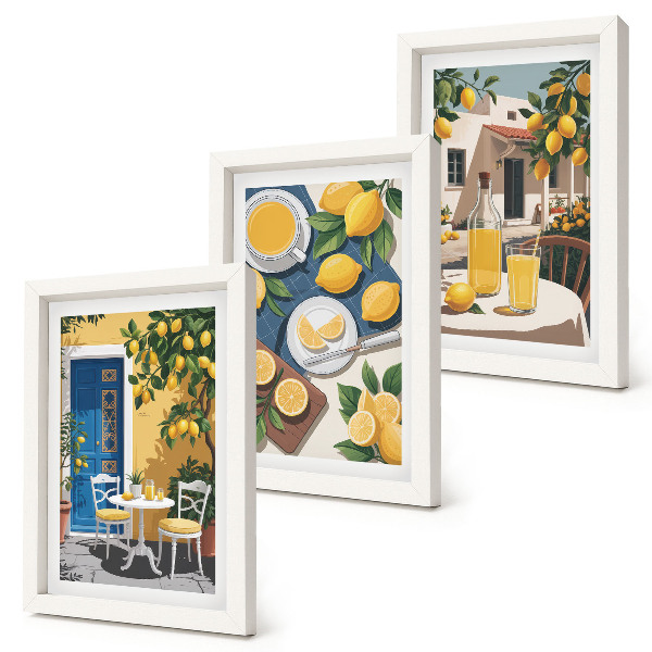 Conjunto de 3 quadros decorativos Limonada com vista para a Itália e um pátio ensolarado.