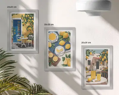 Conjunto de 3 quadros decorativos limonada com vista para a Itália e pátio ensolarado