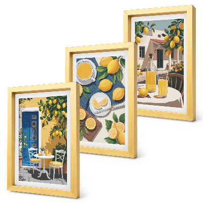 Conjunto de 3 quadros decorativos Limonada com vista para a Itália e um pátio ensolarado.