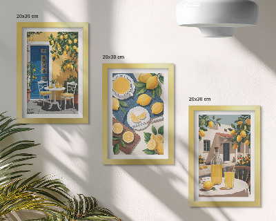 Conjunto de 3 quadros decorativos Limonada com vista para a Itália e um pátio ensolarado.