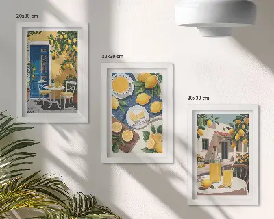 Conjunto de 3 quadros decorativos limonada com vista para a Itália e pátio ensolarado