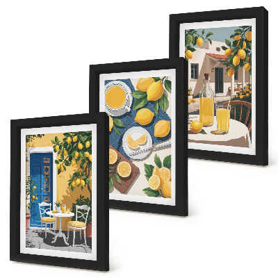 Conjunto de 3 quadros decorativos Limonada com vista para a Itália e um pátio ensolarado.