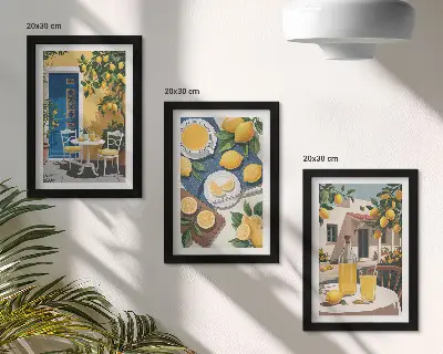 Conjunto de 3 quadros decorativos limonada com vista para a Itália e pátio ensolarado