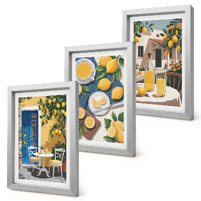 Conjunto de 3 quadros decorativos Limonada com vista para a Itália e um pátio ensolarado.