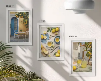 Conjunto de molduras com imagens tema de limões, limonada, portas azuis e vistas de verão
