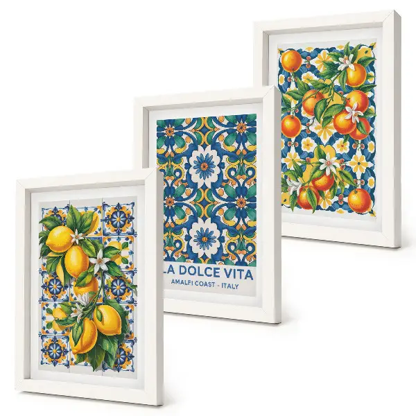 Tríptico com moldura com estampas abstratas cítricas e coloridas